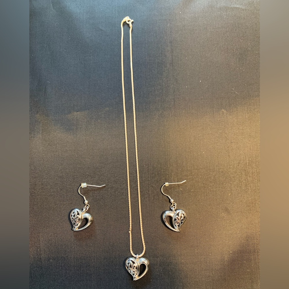 Silver Heart Filigree Necklace and Earring Set - Silver